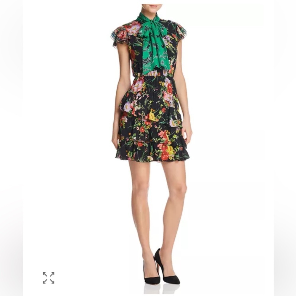 Alice & Olivia Lessie Tie Neck blooming bouquet floral mini dress - Picture 2 of 11